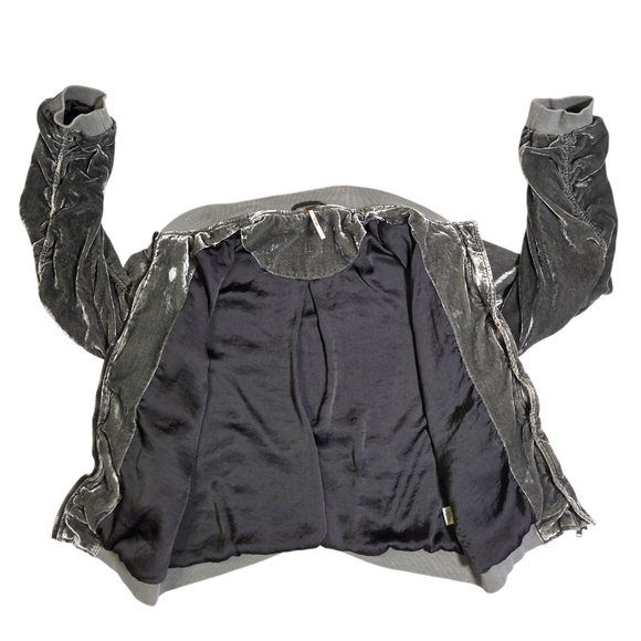 Free People Ruched Velvet Bomber Jacket Gray Zip-Up Size L - Picture 10 of 16